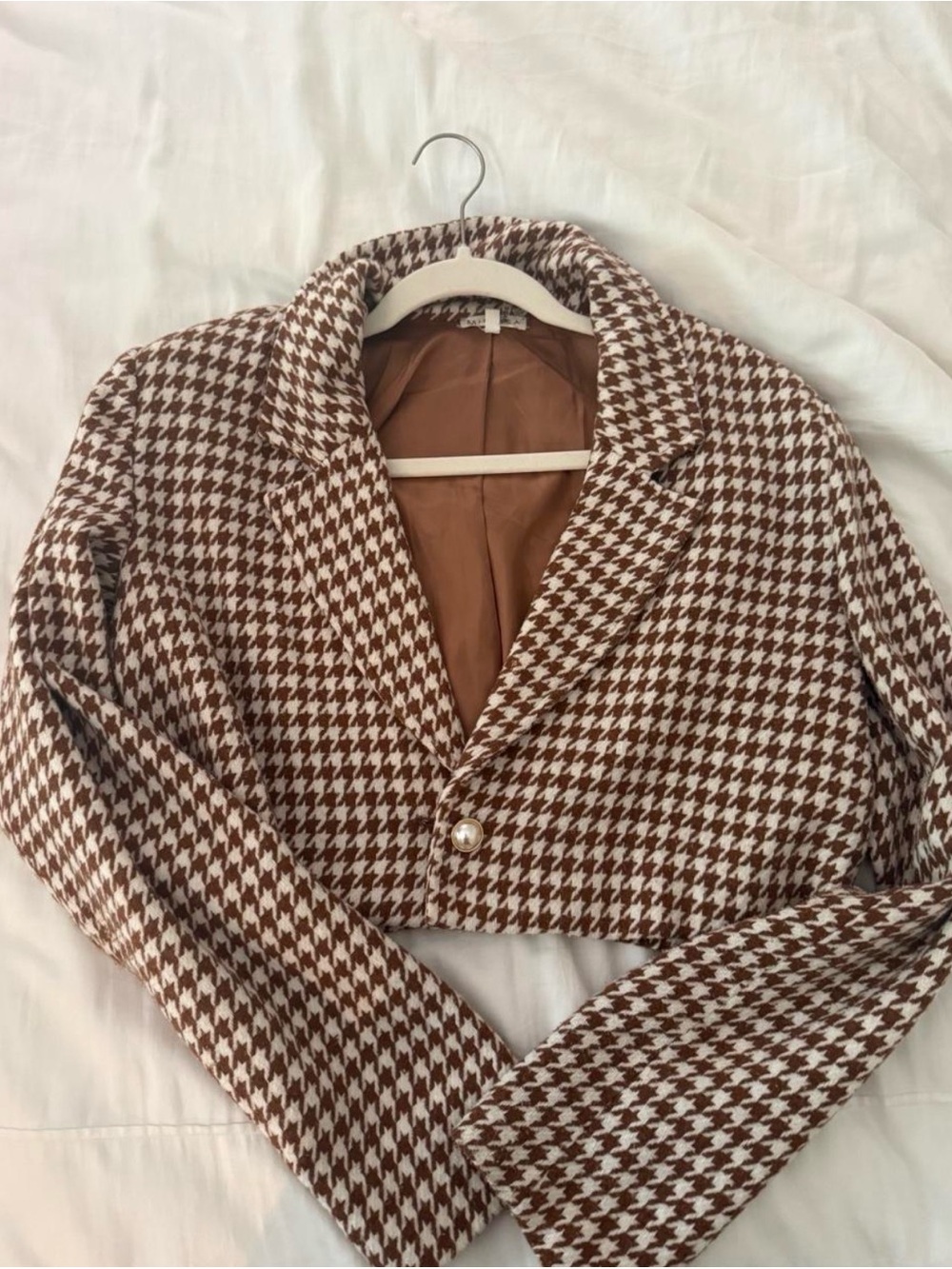 Cropped Houndstooth Blazer Jacket in Brown and White